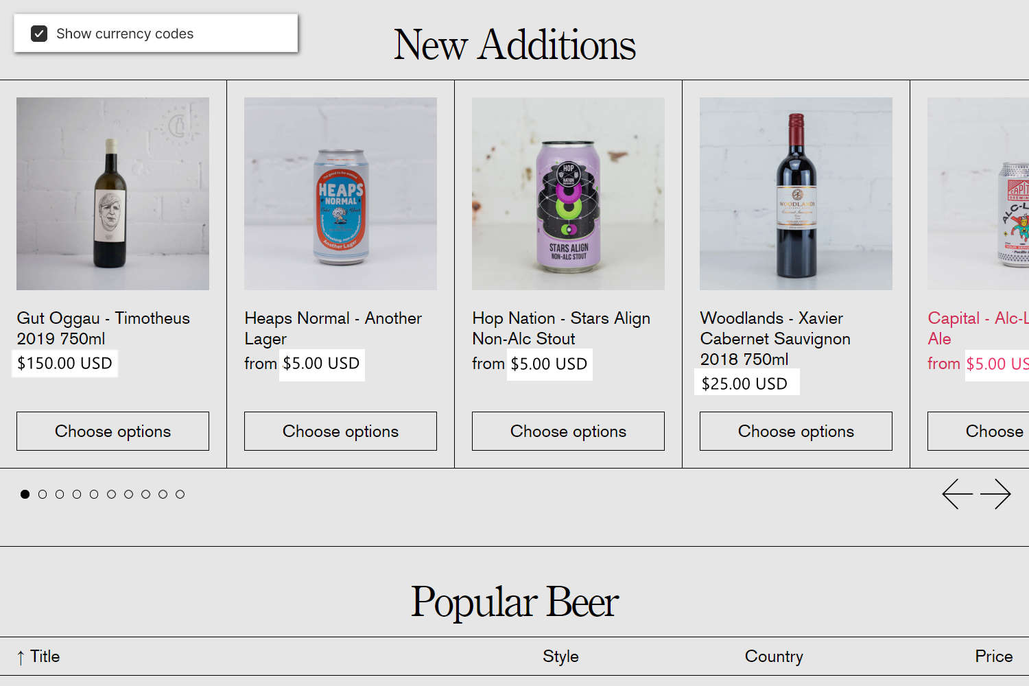 An example store's home page with the Theme setting's Currency format menu open in Theme editor.