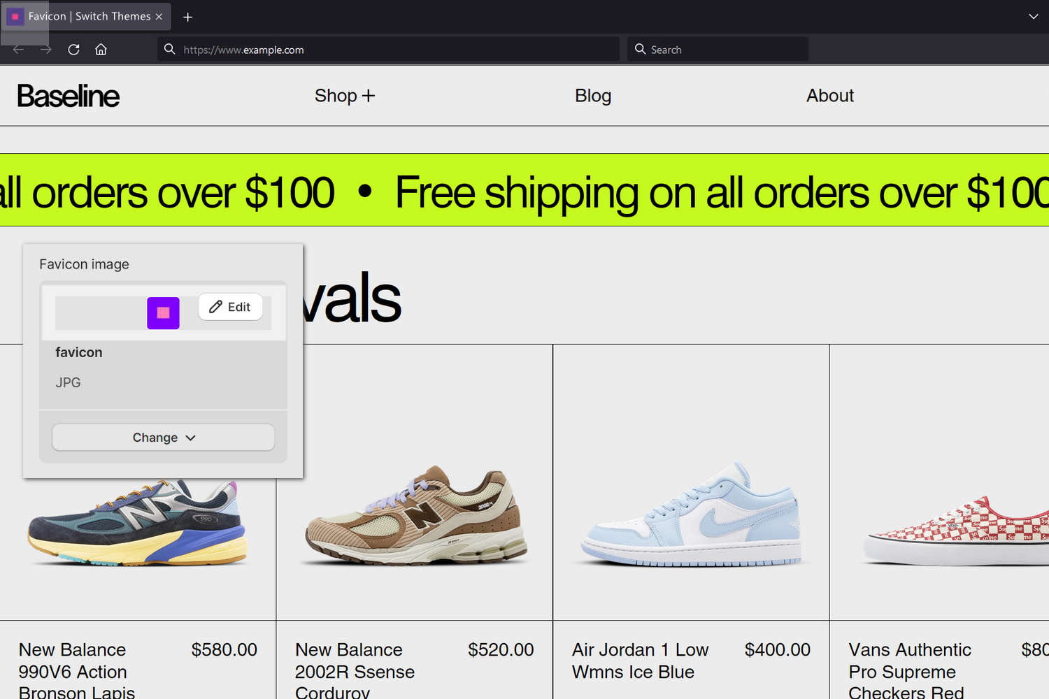 An example store's home page with the Theme setting's Favicon menu open in Theme editor.