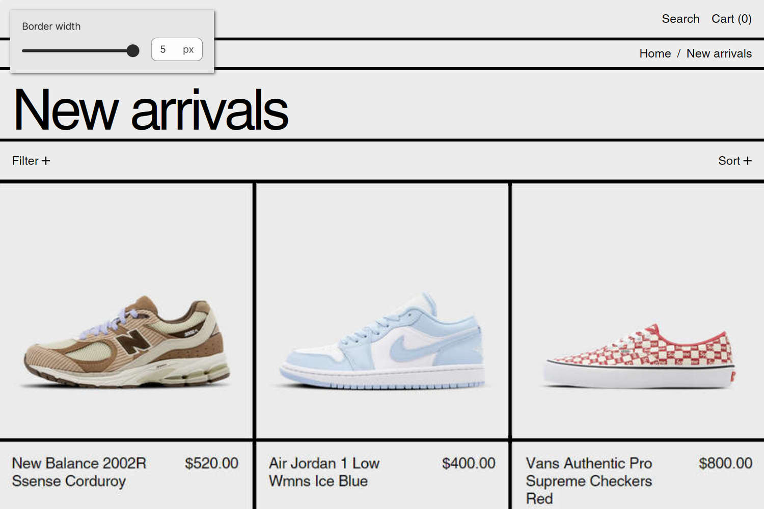 An example store's home page with the Theme setting's Grid menu open in Theme editor.