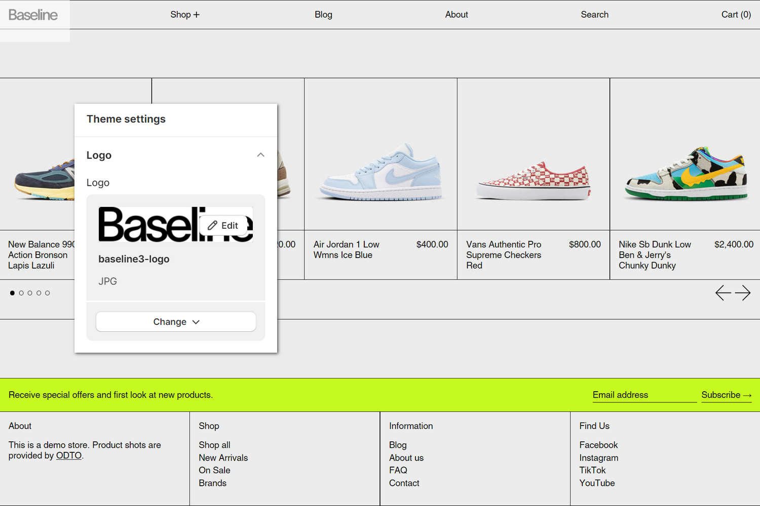 An example store's home page with the Theme setting's Logo menu open in Theme editor.