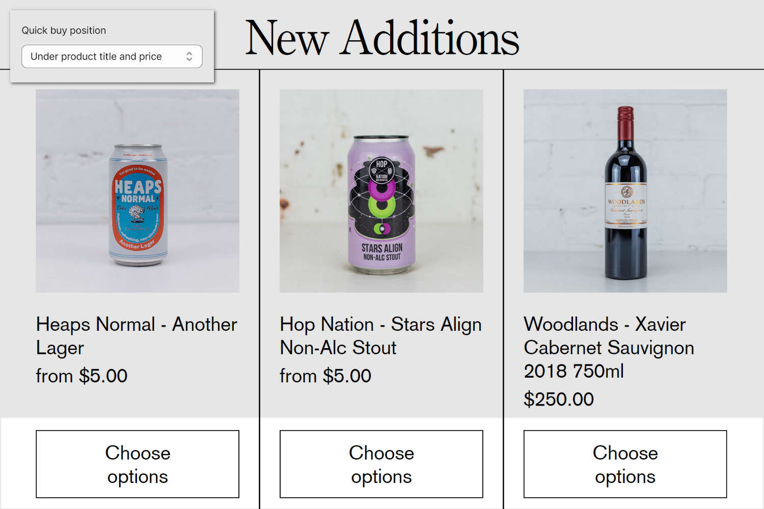 An example store's home page with the Theme setting's Product grid tiles menu open in Theme editor.