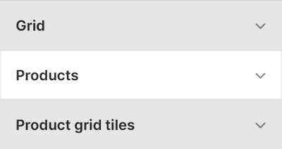 Theme editor's Products Theme settings menu.