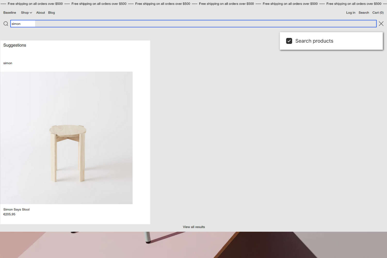 An example store's home page with the Theme setting's Search menu open in Theme editor.