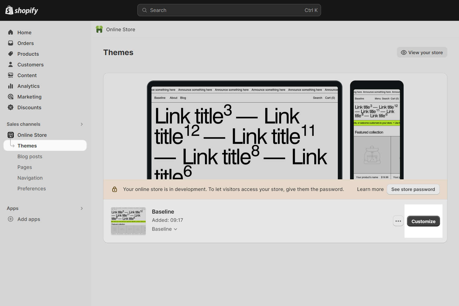 The Current theme area in Shopify admin.