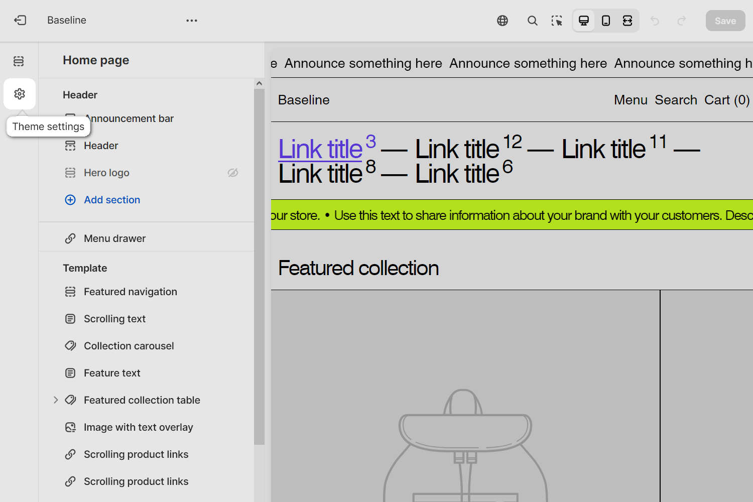 The Theme settings menu option in Theme editor.