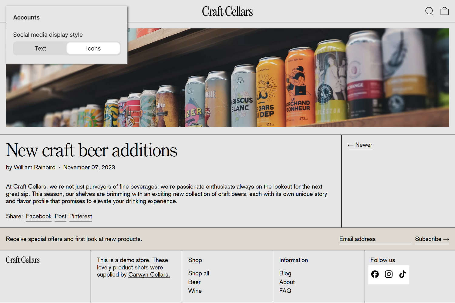 An example store's home page with the Theme setting's Social media menu open in Theme editor.