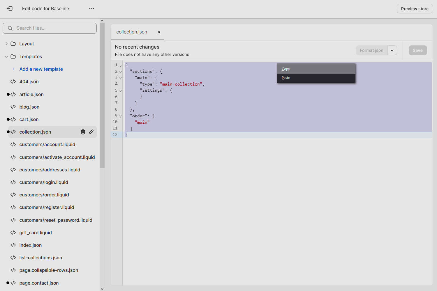 JSON file content selected in Code editor for copying.