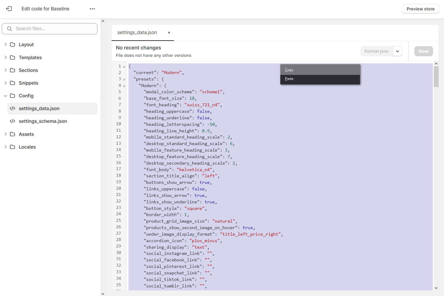 Screenshot of a theme's settings data JSON file open in the Shopify theme code editor.