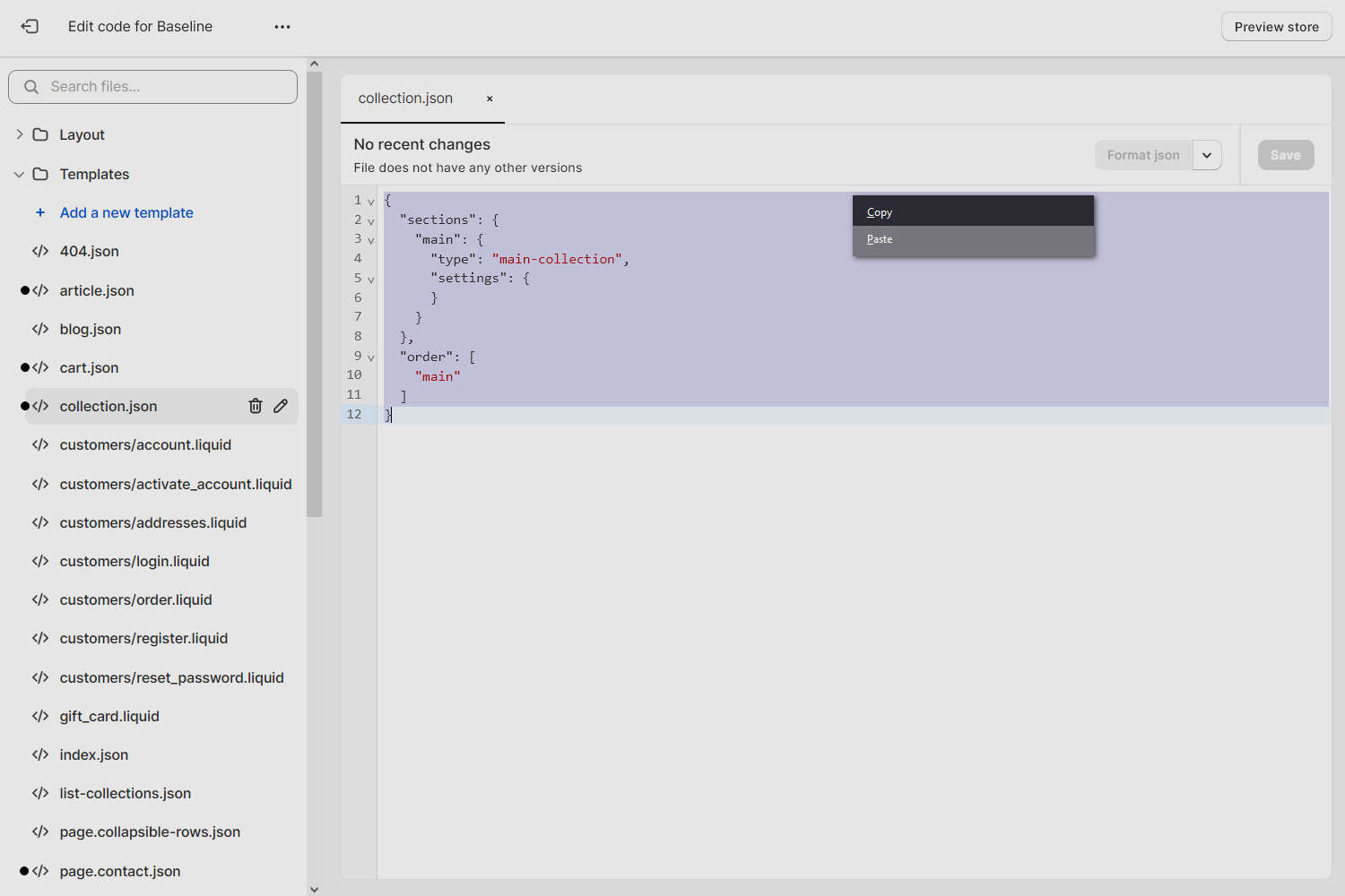 JSON file content selected in Code editor for pasting.