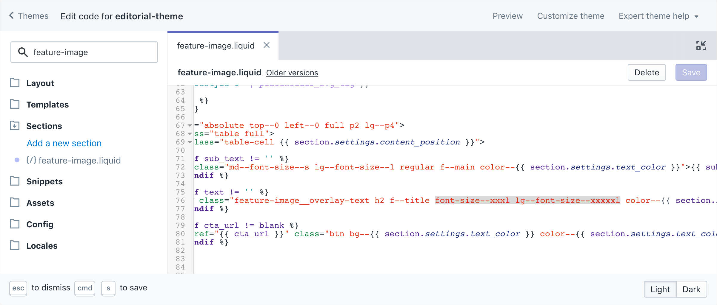 Code editor with the Liquid template open for the Featured Image with text overlay section.