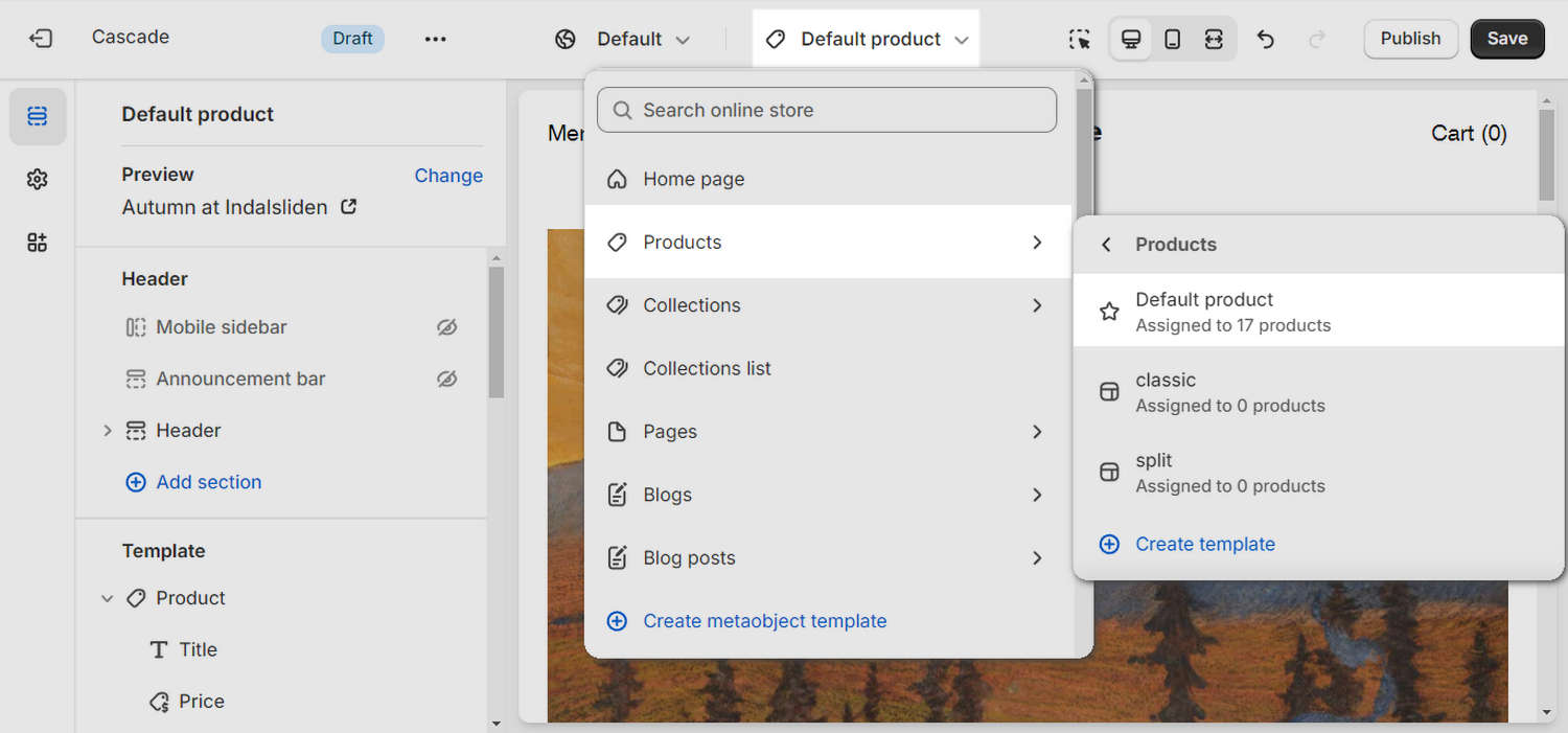 The Default product page template selected in Theme editor.