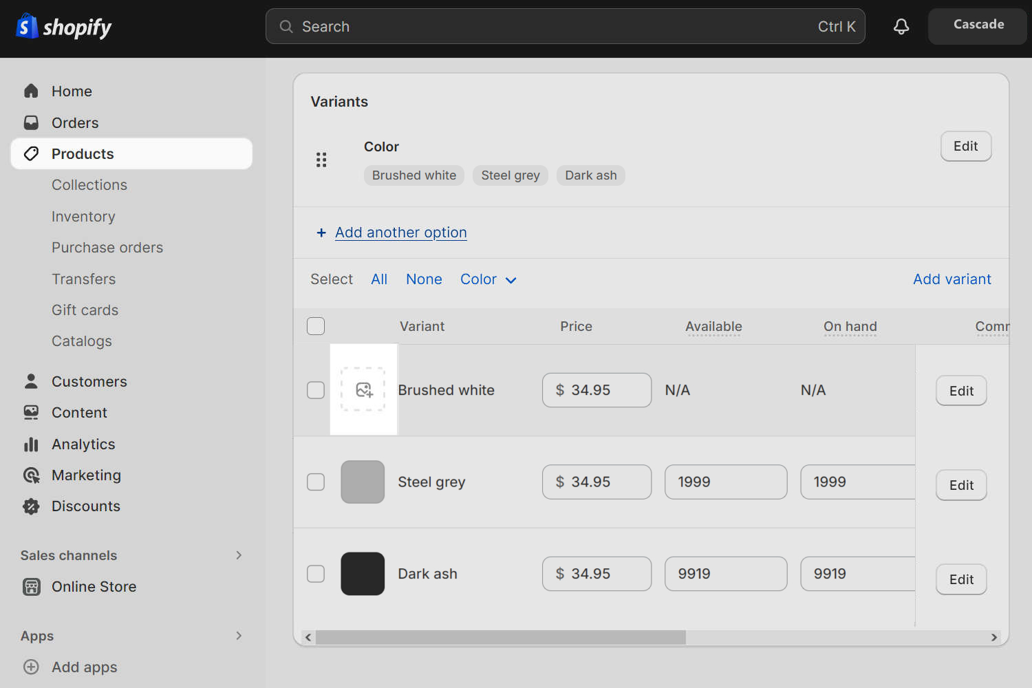 Three jpg files uploaded and selected in the Variants are of the Shopify Admin Products page.