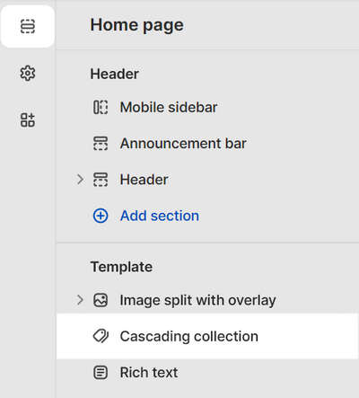 The Homepage's Cascading collection store element settings menu.
