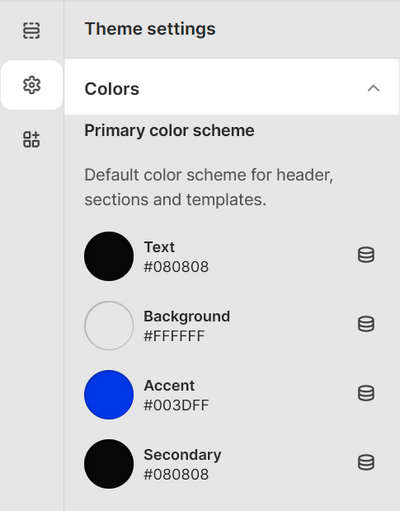Theme editor's Color settings menu in the Theme settings pane.