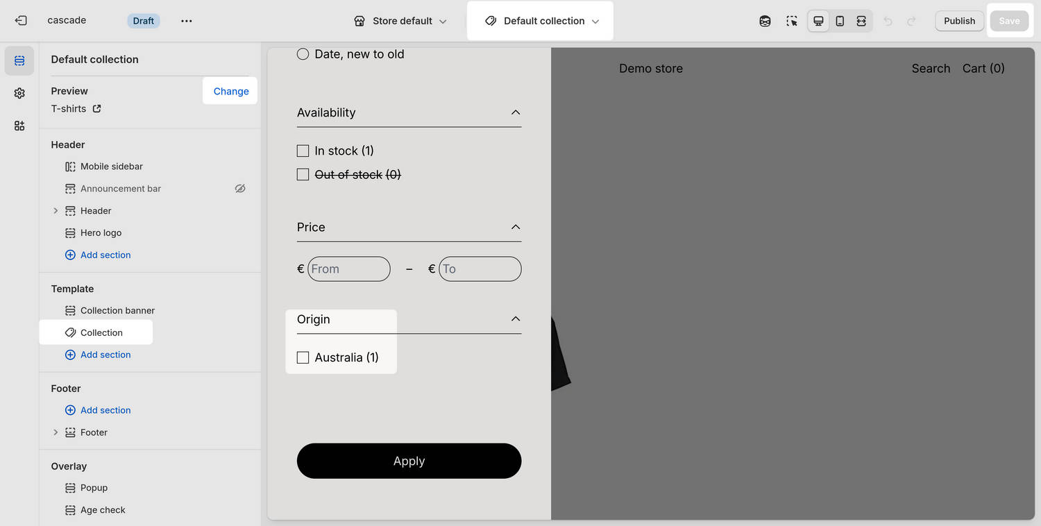 A Default collection page with the custom Origin product filter option in Theme editor.