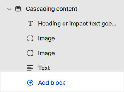 The Cascading content section's Add block menu in Theme editor.