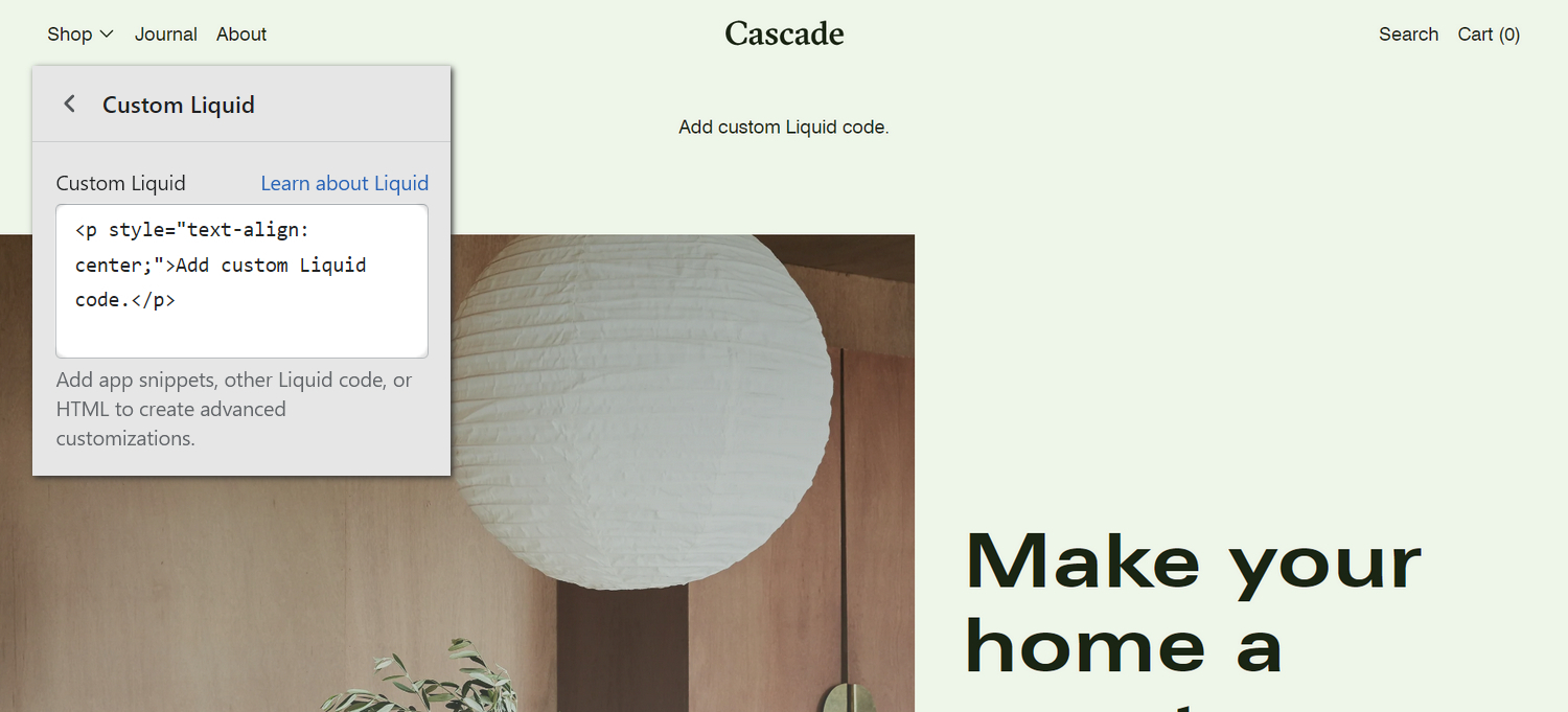 An example Custom liquid section on a store's home page.