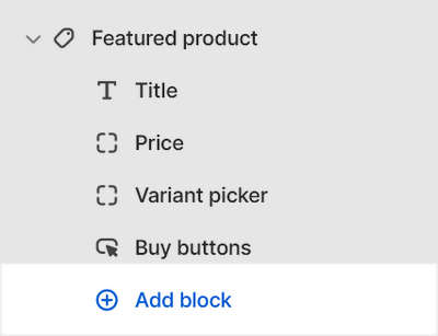 The add block options for the Featured product section in Theme editor.