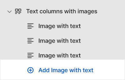 The Text columns with images's Add block menu in Theme editor.