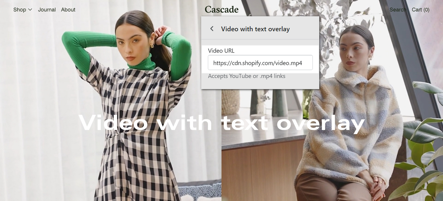 An example Video with text overlay section on a store's homepage.