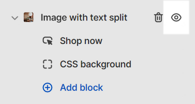 The show or hide image block options for an Image with text split section in Theme editor.