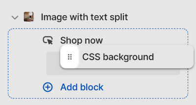 The move block option for a CSS background block inside an Image with text split section in Theme editor.