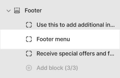 The Footer section's Footer menu block in Theme editor.