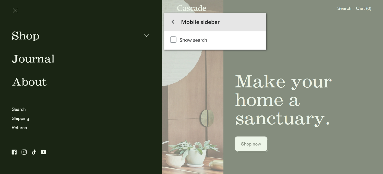 An example Mobile sidebar section on a store's home page.
