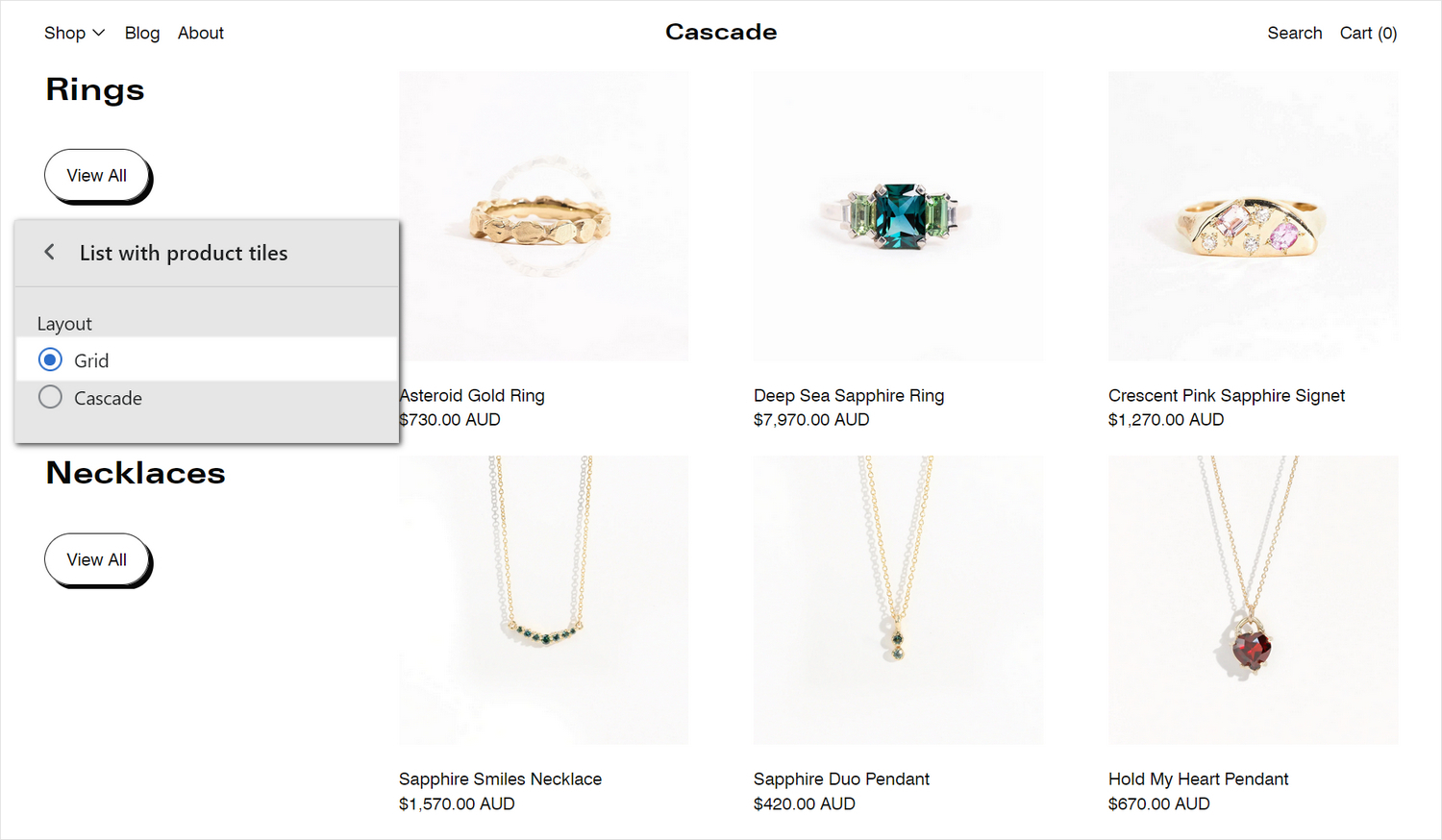 An example List with product tiles section on a store's Collections list page.
