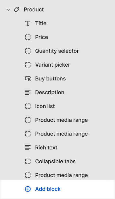 The Product section's Add block menu in Theme editor.