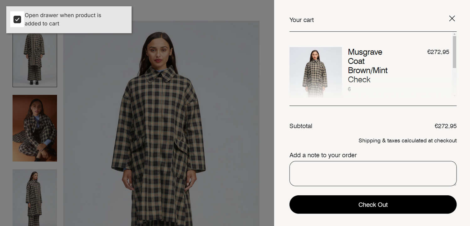 An example cart drawer on a store's Product page.