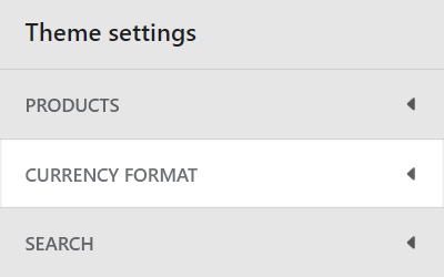 The Theme setting's Currency format menu in Theme editor.