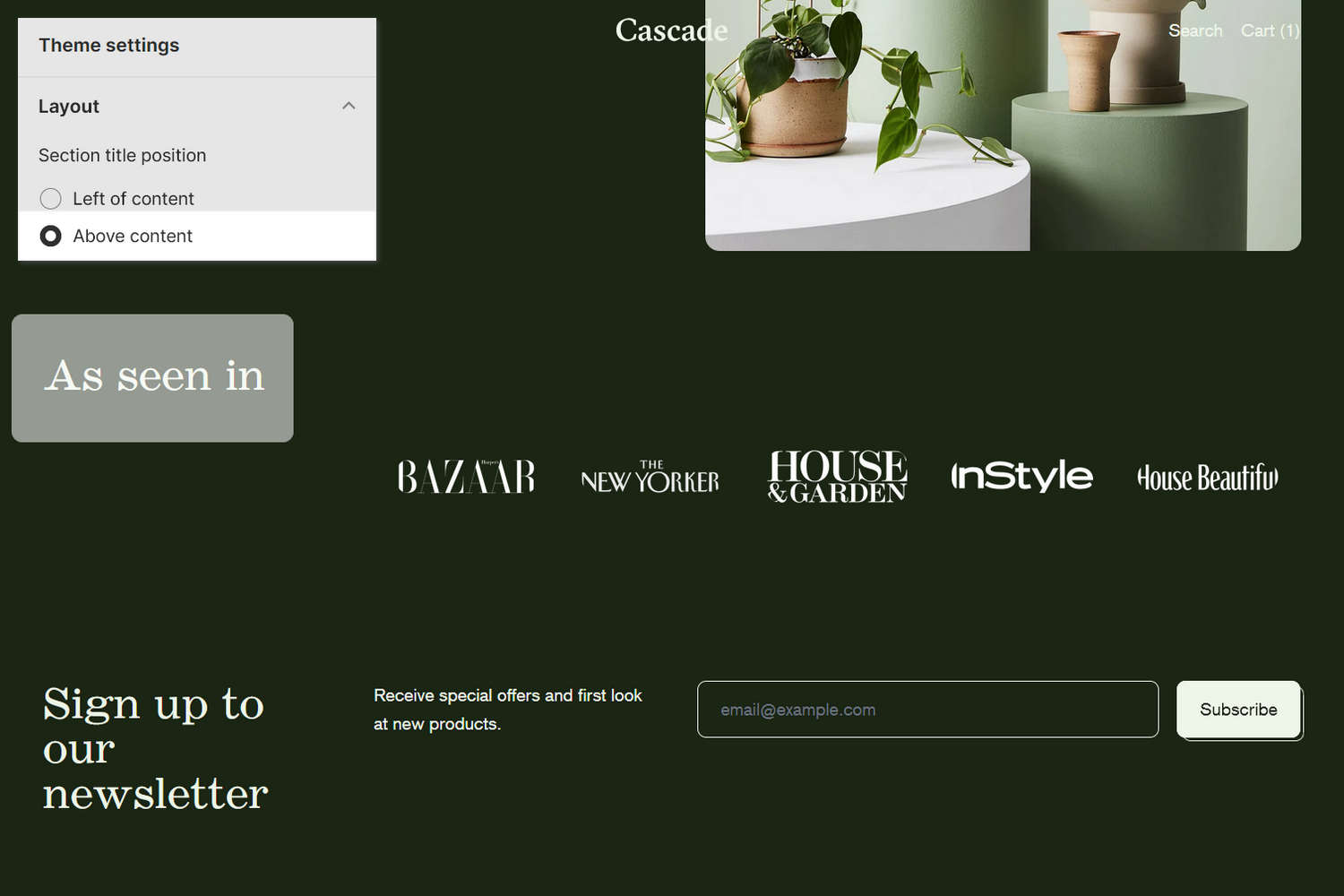 An example store's home page with the Theme settings's Layout menu open in Theme editor.