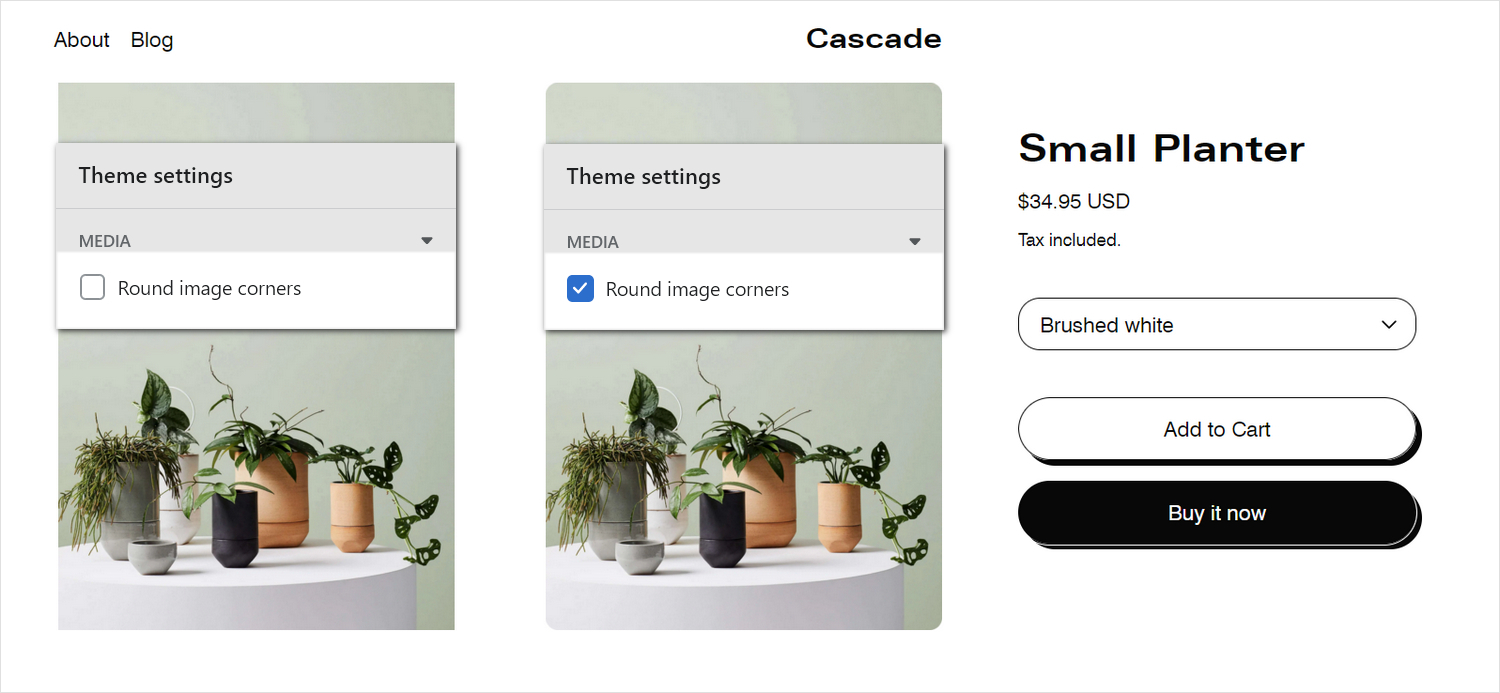 An example store's Product page with the Theme settings's Media menu.