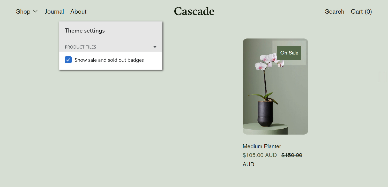 An example store's Product page with Theme settings' Product tiles menu.