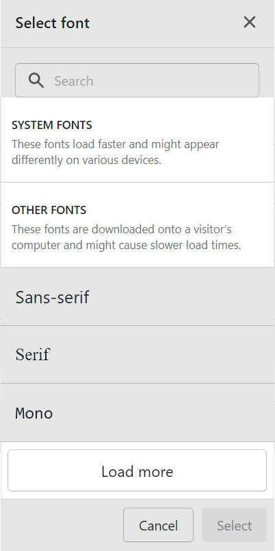The font picker's font sets in Theme setting's Typography menu