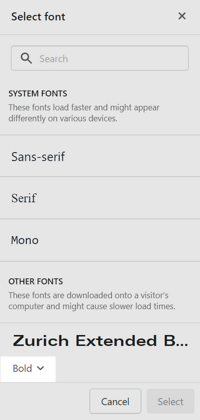 The font picker's font styles dropdown in Theme setting's Typography menu