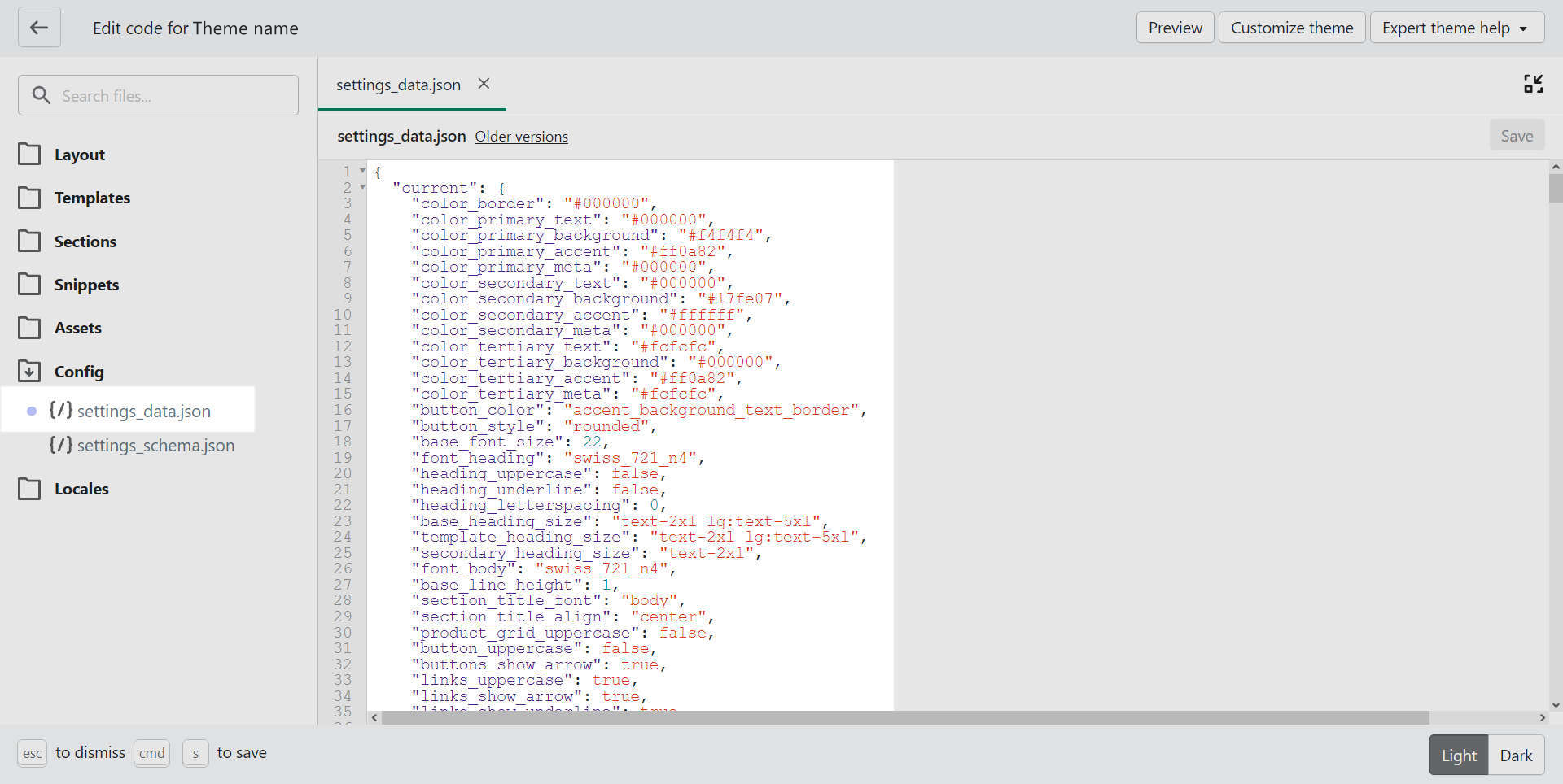 Screenshot of a theme's settings data JSON file open in the Shopify theme code editor