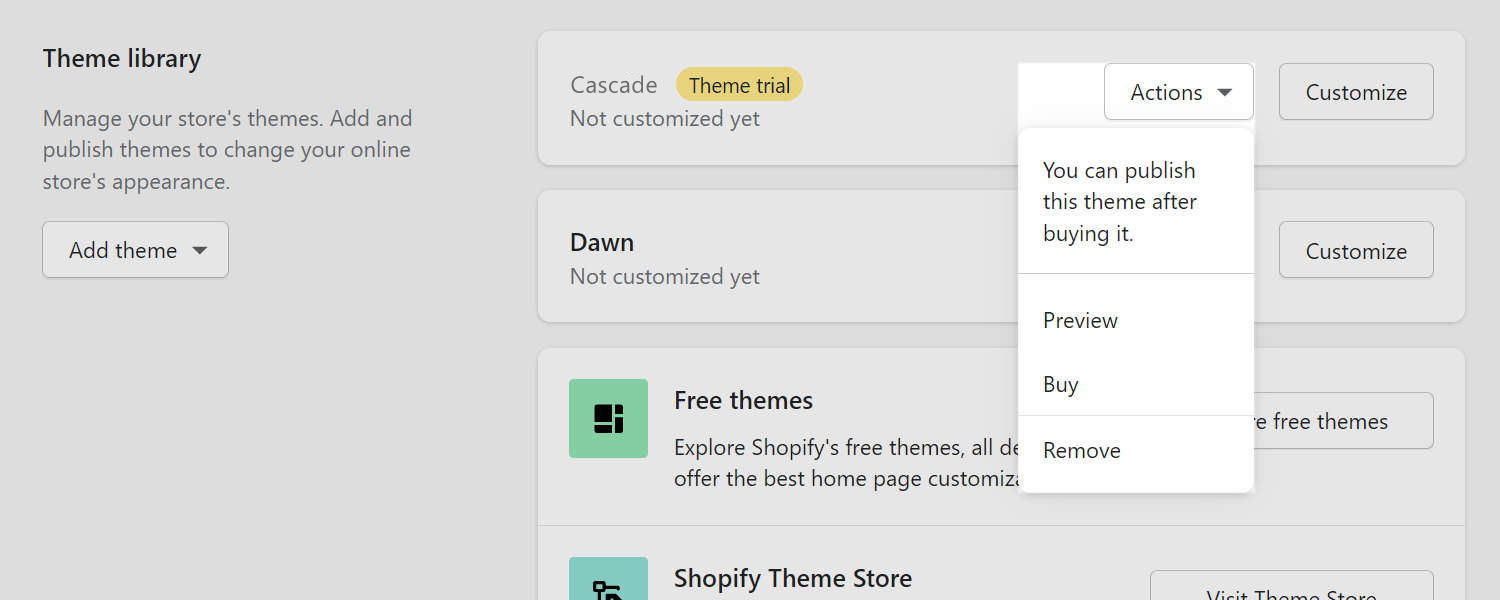 The Shopify theme actions dropdown.