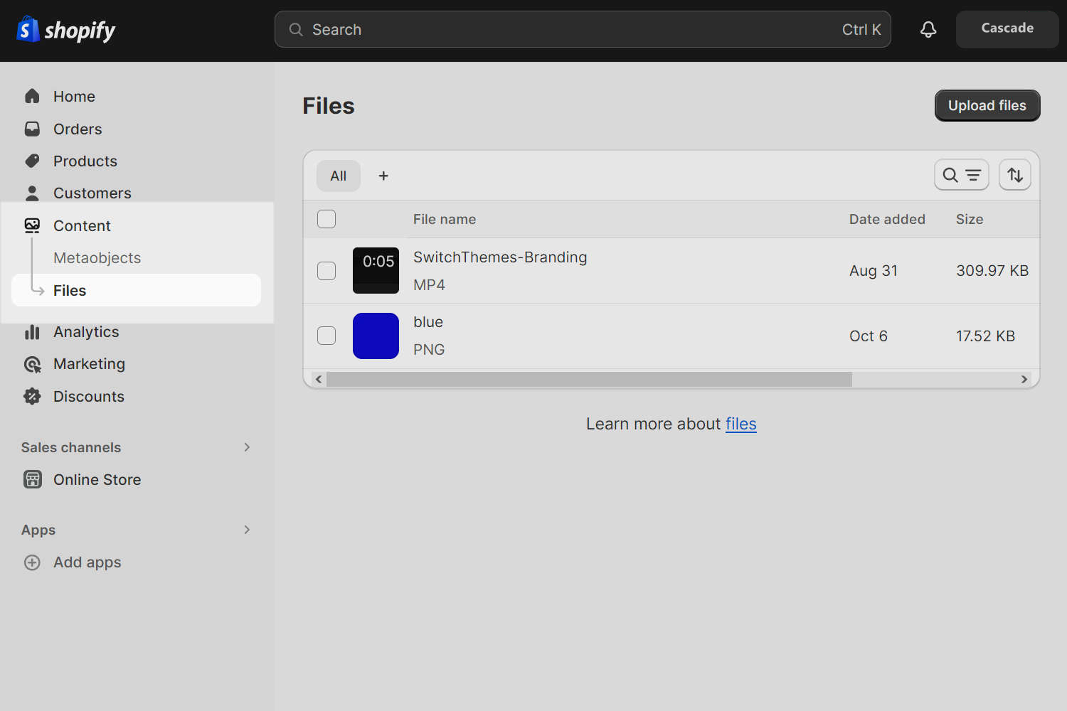 The Files menu option in Shopify Admin.