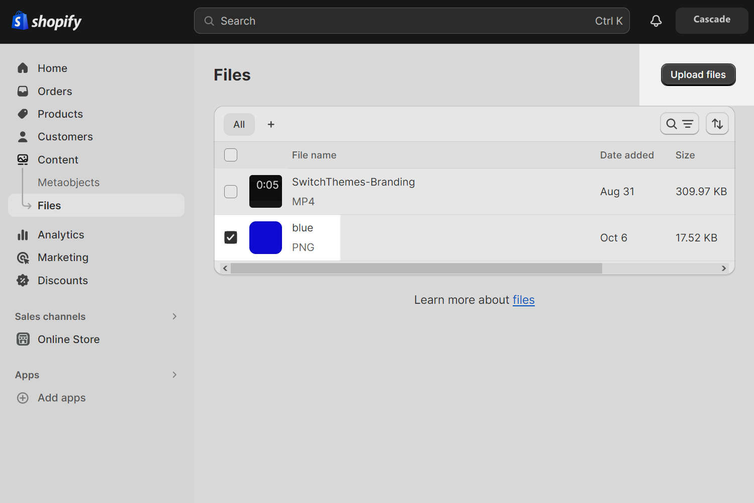 A png file uploaded and selected in the Files menu in Shopify Admin.