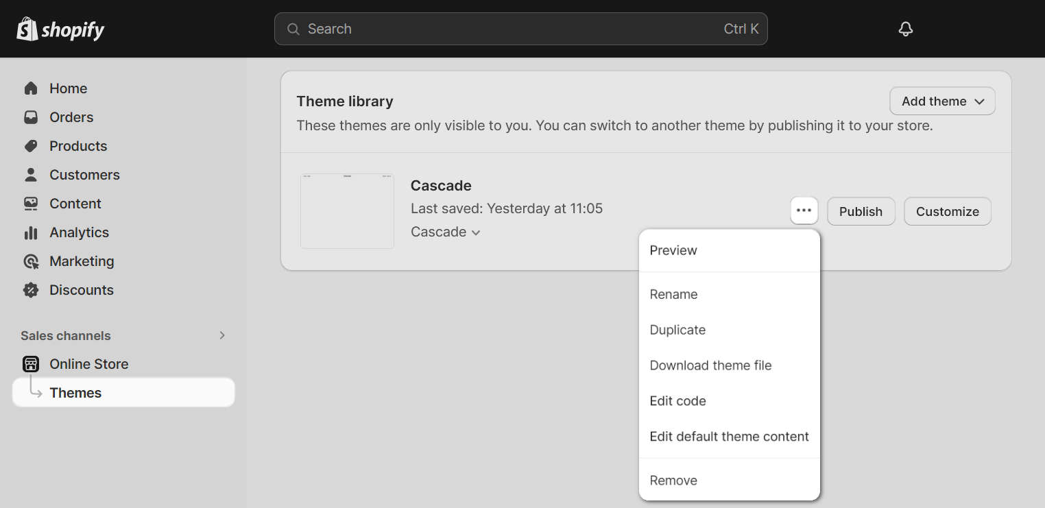 The Cascade theme pane in Shopify admin.