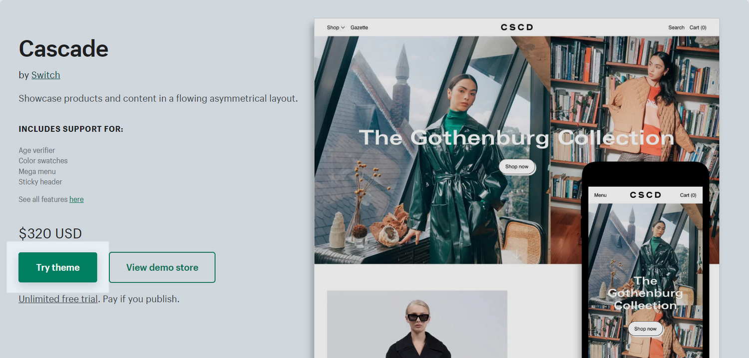 The Cascade theme details page on Shopify Theme store.