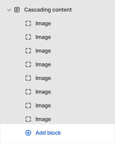 The Cascading gallery section's Add block menu in Theme editor.