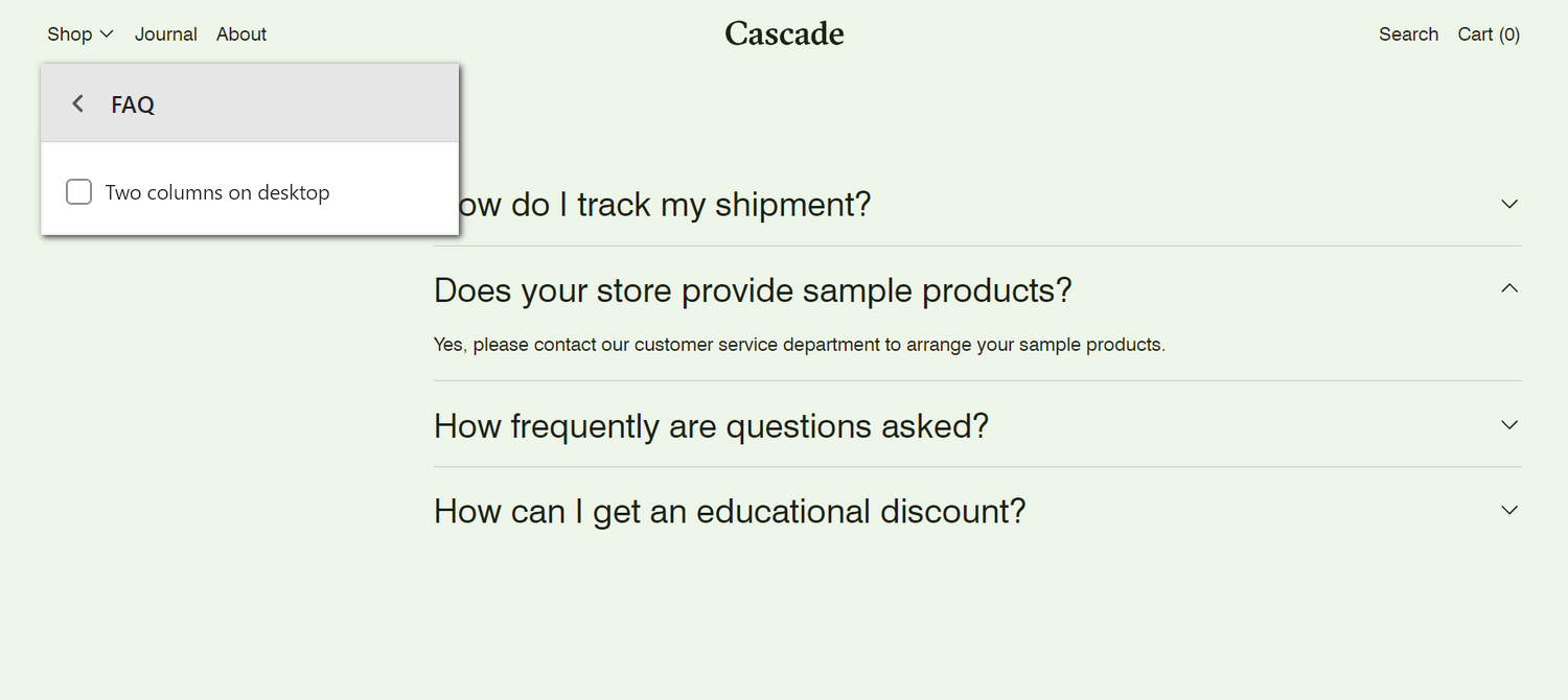An example FAQ section on a store's home page in Theme editor.