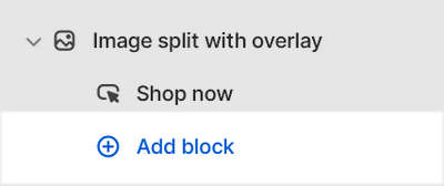 The Image split with overlay section's Add block menu in Theme editor.