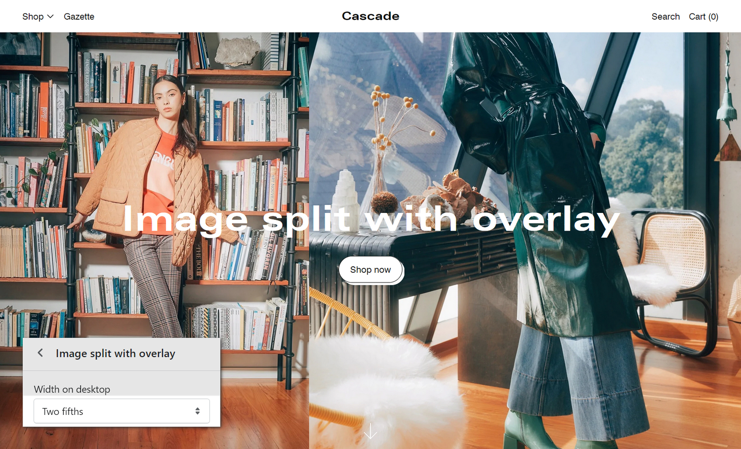 An example Image split with overlay section on a store's home page.