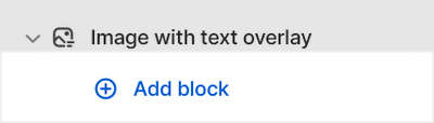 The Image with text overlay section's Add block menu in Theme editor.