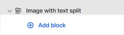 The Image with text split section's Add block menu in Theme editor.