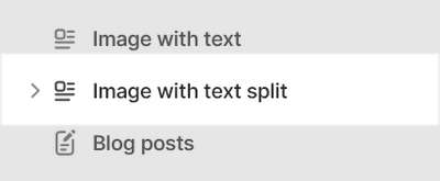 An Image with text split section selected in Theme editor.